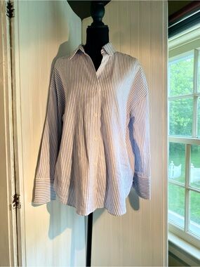 Zara Blue and White Striped Linen Button-Down Shirt size S